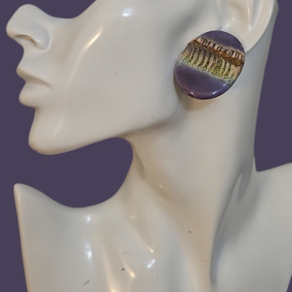 Artisan Ceramic Green and Purple Oval Statement Earrings - Picture 1 of 5